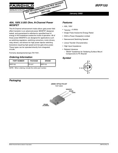 Fairchild Semiconductor IRFP150 Power MOSFET Datasheet - cover page