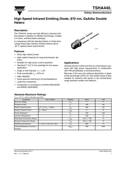 Vishay TSHA440 High Speed Infrared Emitting Diode Datasheet - cover page