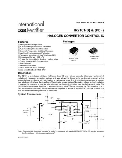 International Rectifier IR2161 Halogen Converter Controller Datasheet - cover page
