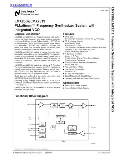 National Semiconductor LMX2502/LMX2512 PLLatinum Frequency Synthesizer Datasheet - cover page