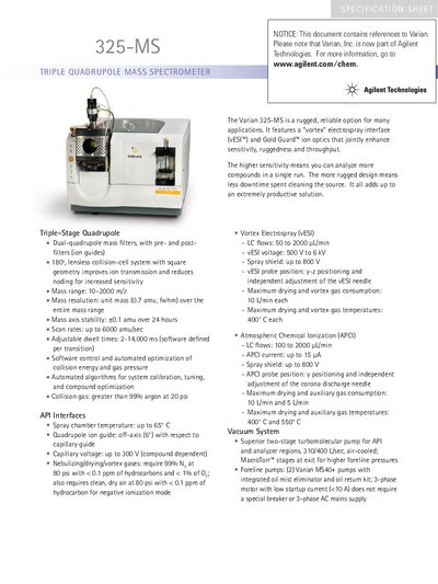 Agilent 325-MS Triple Quadrupole Mass Spectrometer Specification Sheet - cover page