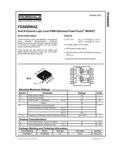 Fairchild FDS6898AZ Dual N-Channel MOSFET Datasheet - cover page