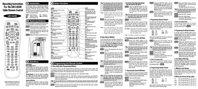 Universal Remote Control UR5-8400 Cable Remote Control Operating Instructions - cover page