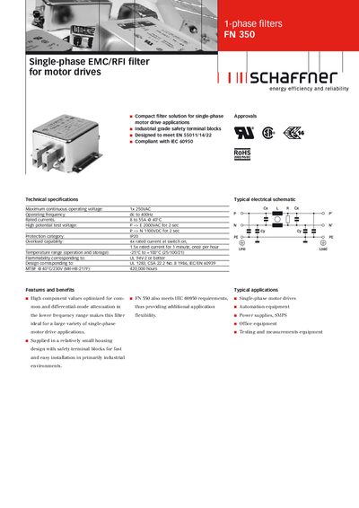Schaffner FN 350 Single-Phase EMC/RFI Filter Datasheet - cover page