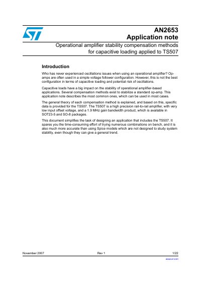 STMicroelectronics AN2653 Operational Amplifier Stability Compensation Methods Application Note