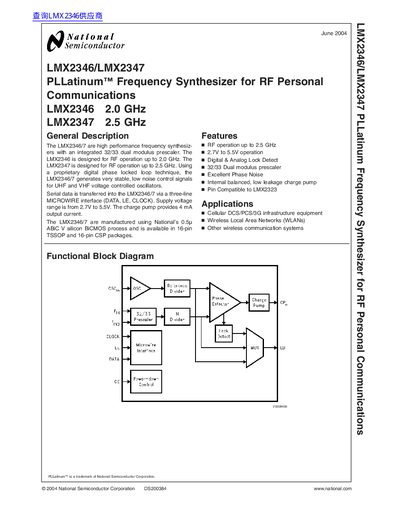 National Semiconductor LMX2346/LMX2347 PLLatinum Frequency Synthesizer Datasheet - cover page