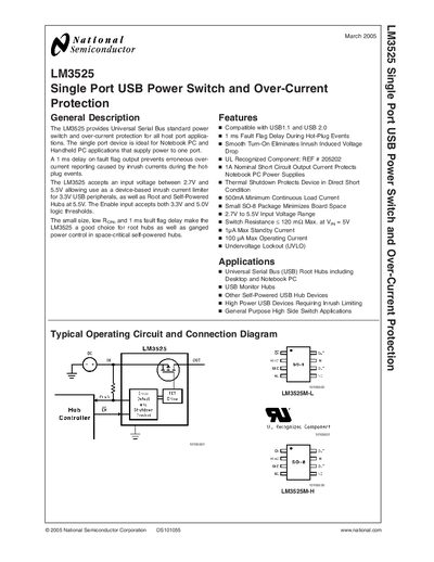 National Semiconductor LM3525 Single Port USB Power Switch and Over-Current Protection Handbook - cover page
