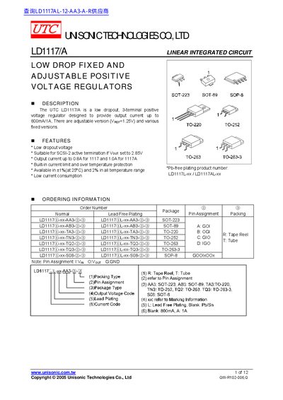 Unisonic LD1117/A Datasheet - cover page