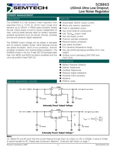 Semtech SC8863 150mA Ultra Low Dropout Low Noise Regulator Datasheet - cover page