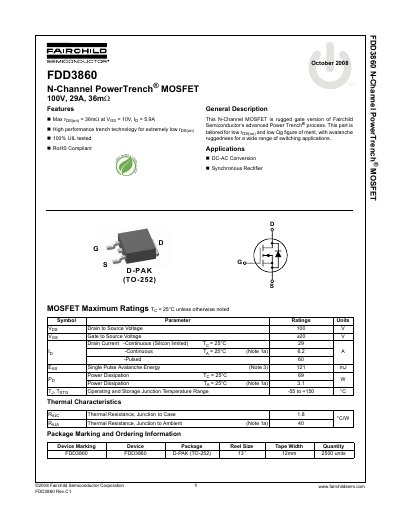 Fairchild Semiconductor FDD3860 MOSFET Datasheet - cover page
