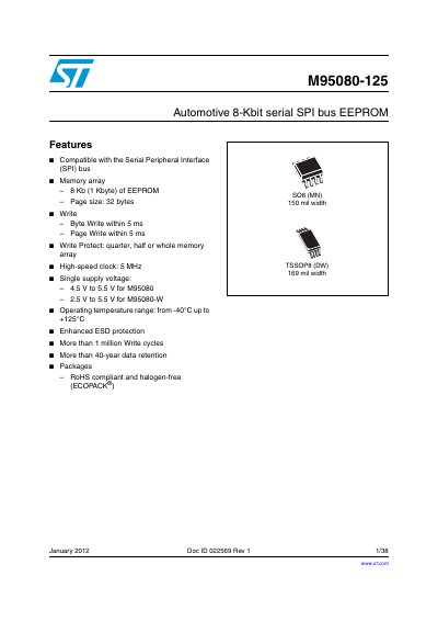 STMicroelectronics M95080-125 Automotive 8-Kbit SPI EEPROM Datasheet