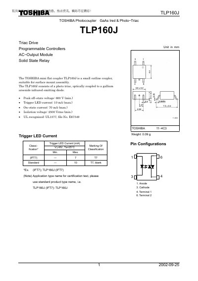 Toshiba TLP160J Photocoupler Datasheet - cover page