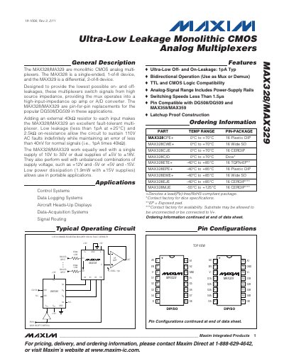 Maxim MAX328/MAX329 Ultra-Low Leakage CMOS Analog Multiplexer Datasheet - cover page