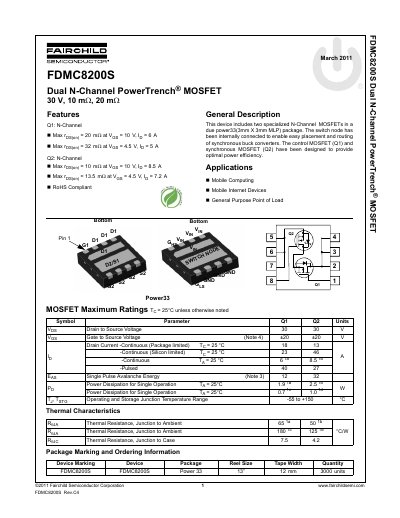 Fairchild FDMC8200S Dual N-Channel PowerTrench MOSFET Datasheet - cover page