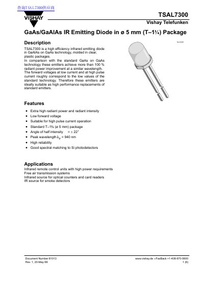 Vishay Telefunken TSAL7300 Infrared Emitting Diode Datasheet - cover page