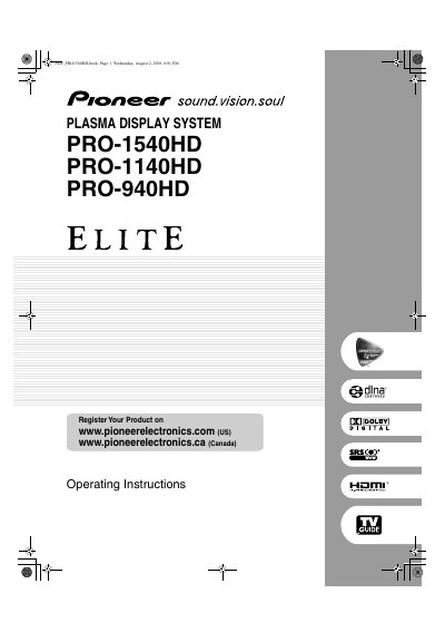 Pioneer PRO-1540HD/PRO-1140HD/PRO-940HD Plasma Display System Operating Instructions - cover page
