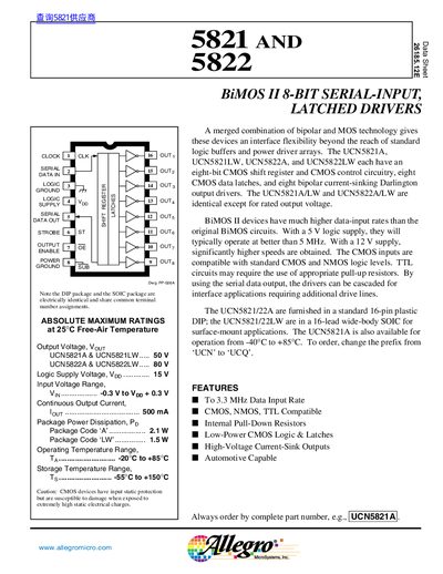 Allegro MicroSystems UCN5821/UCN5822 8-Bit Serial-Input Latched Drivers Datasheet - cover page