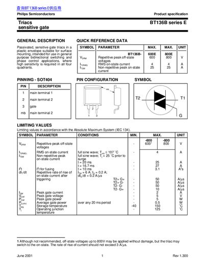Philips BT136B Series E Triac Datasheet - cover page