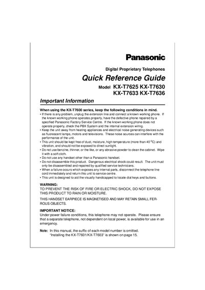Panasonic KX-T7625/KX-T7630/KX-T7633/KX-T7636 Quick Reference Guide