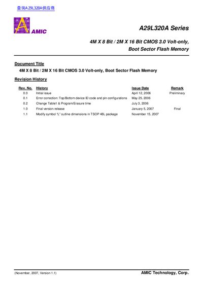 AMIC A29L320A Series Datasheet - cover page