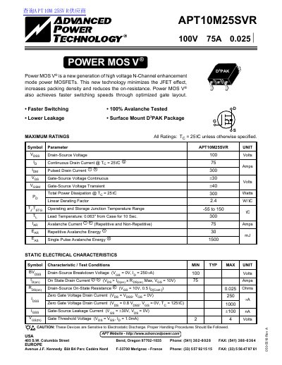 Advanced Power Technology APT10M25SVR Power MOS V Datasheet - cover page