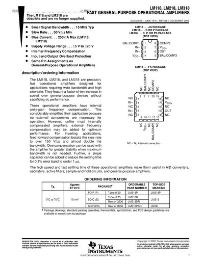 Texas Instruments LM118/LM218/LM318 Operational Amplifier Datasheet - cover page