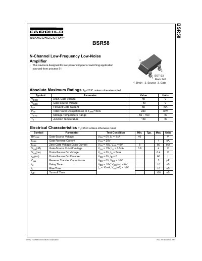 Fairchild Semiconductor BSR58 N-Channel Low-Frequency Low-Noise Amplifier Datasheet - cover page