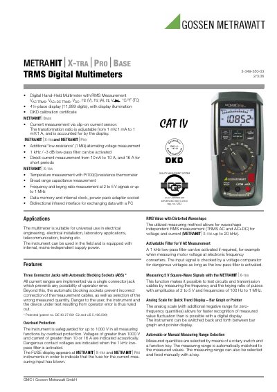 Gossen Metrawatt METRAHIT X-TRA Pro Base TRMS Digital Multimeter User Manual - cover page