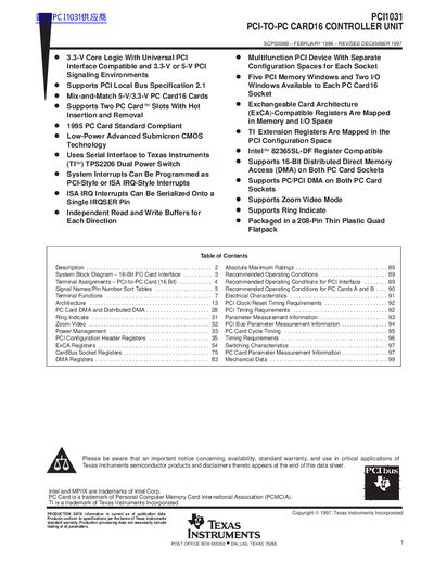 Texas Instruments PCI1031 PCI-to-PC Card16 Controller Unit Datasheet - cover page