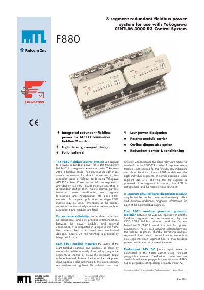 relcom F880 8-segment redundant fieldbus power system for use with Yokogawa CENTUM 3000 R3 Control System - cover page