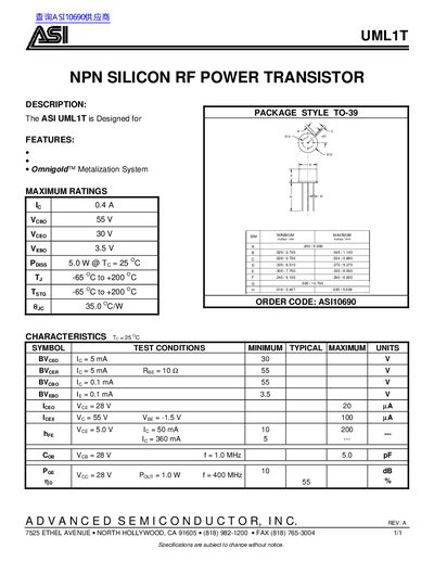 ASI UML1T NPN Silicon RF Power Transistor Datasheet - cover page
