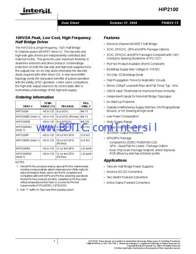 Intersil HIP2100 Half Bridge Driver Datasheet - cover page