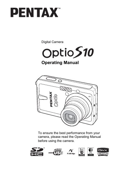 Pentax Optio S10 Digital Camera Operating Manual - cover page