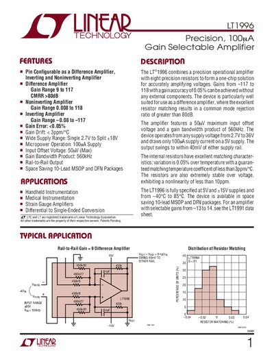 Linear Technology LT1996 Precision 100µA Gain Selectable Amplifier Datasheet - cover page