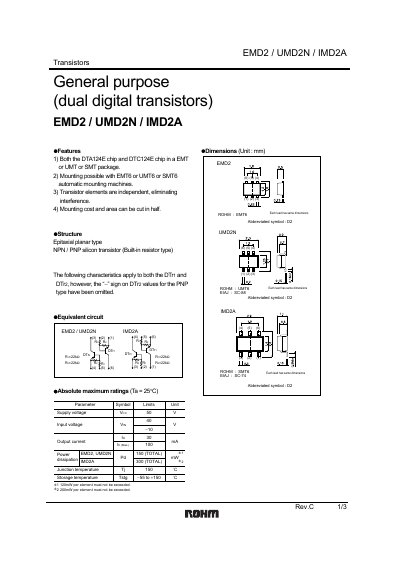 ROHM EMD2/UMD2N/IMD2A Transistor Datasheet - cover page