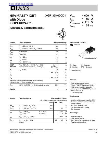 IXYS IXGR 32N60CD1 HiPerFAST IGBT Datasheet - cover page