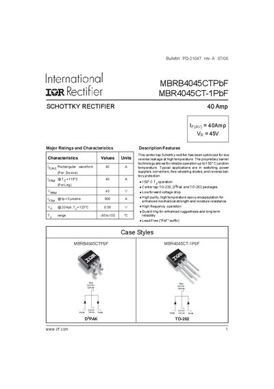 International IOR Rectifier MBRB4045CTPbF/MBR4045CT-1PbF Manual - cover page