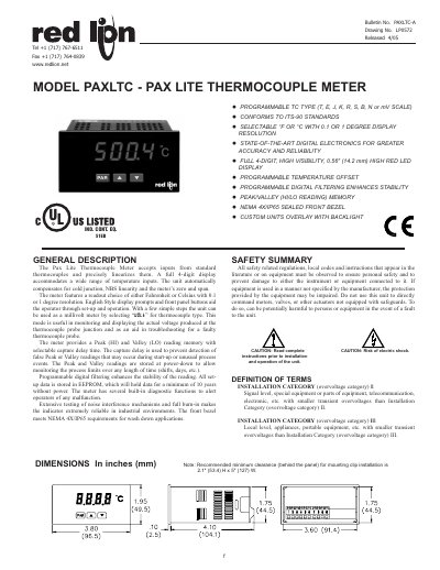 Red Lion PAXLTC PAX Lite Thermocouple Meter User Manual - cover page