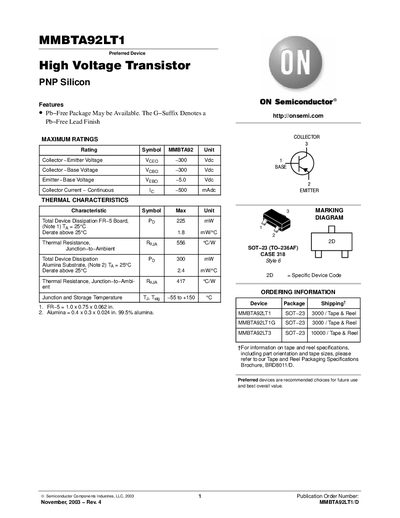 ON Semiconductor MMBTA92LT1 Datasheet - cover page
