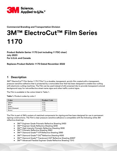 3M ElectroCut Film Series 1170 Product Bulletin