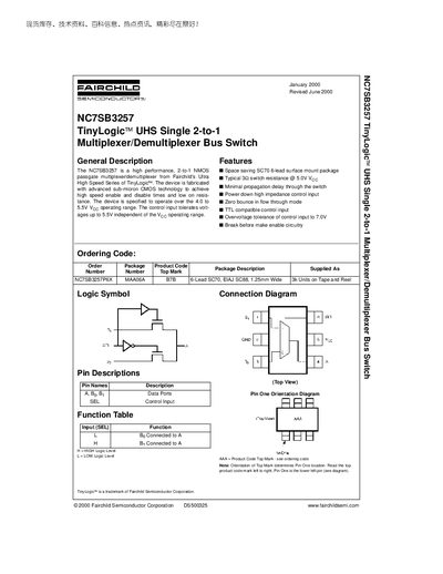 Fairchild NC7SB3257 TinyLogic UHS Single 2-to-1 Multiplexer/Demultiplexer Bus Switch Datasheet - cover page