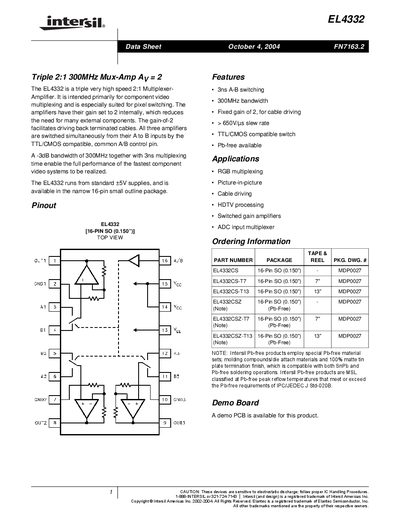 Intersil EL4332 Data Sheet - cover page