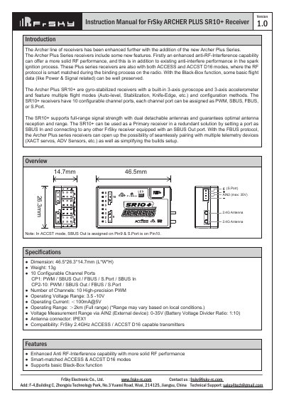 FrSky ARCHER PLUS SR10+ Receiver Instruction Manual - cover page