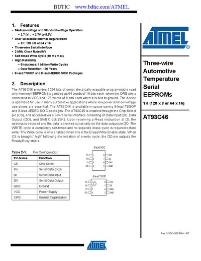 Atmel AT93C46 EEPROM Datasheet - cover page