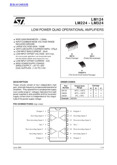 STMicroelectronics LM124/LM224/LM324 Low Power Quad Operational Amplifiers Datasheet - cover page