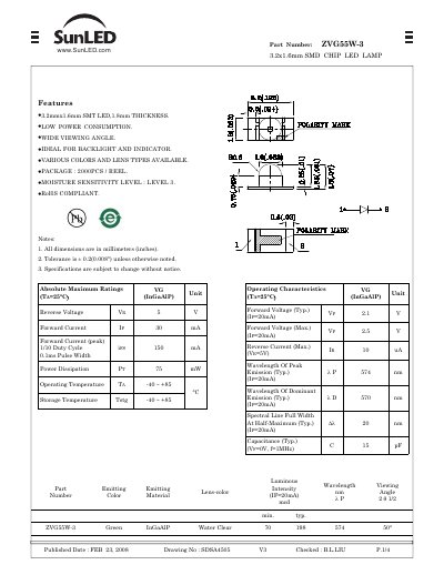 SunLED ZVG55W-3 3.2x1.6mm SMD Chip LED Lamp Datasheet - cover page
