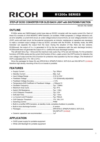 Ricoh R1200x Series Step-Up DC/DC Converter Datasheet