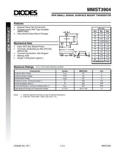 Diodes MMST3904 NPN Transistor Datasheet - cover page