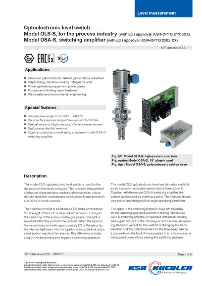 KSR OLS Series Optoelectronic Level Switch Datasheet - cover page