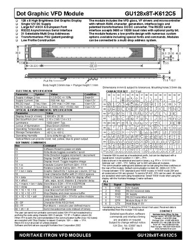 Noritake Itron GU128x8T-K612C5 Dot Graphic VFD Module User Manual - cover page